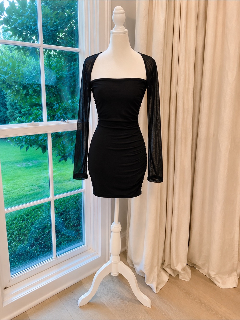 superdown Black Mesh-Sleeve Square-Neck Bodycon Mini